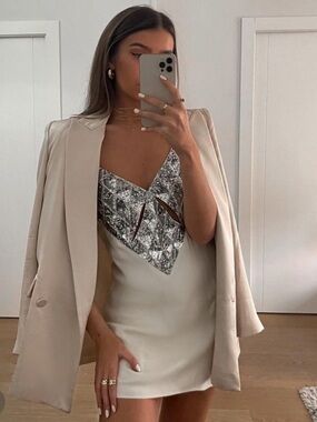 Zara Cream Slip Dress with Silver Sequin V-Neck